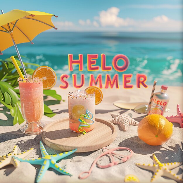 写真 3d レンダリングの夏のアクセサリーとテキスト hello summer 夏にインスパイアされたテーマを迎する