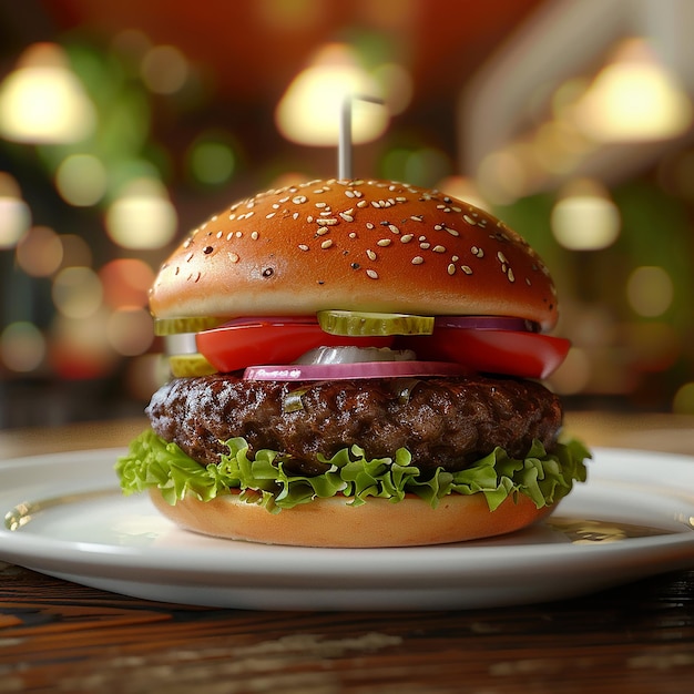 3d rendered photos of patty burger dish with beef patty tomatoes onion cabbage close view