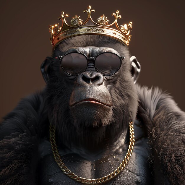 Photo 3d rendered photos of realistic gorilla wearing sunglasses and a kings crown he is friendly and co