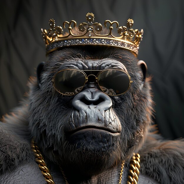 Photo 3d rendered photos of realistic gorilla wearing sunglasses and a kings crown he is friendly and co