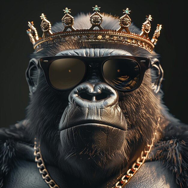 Photo 3d rendered photos of realistic gorilla wearing sunglasses and a kings crown he is friendly