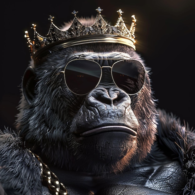 3d rendered photos of Realistic gorilla wearing sunglasses and a kings crown he is friendly