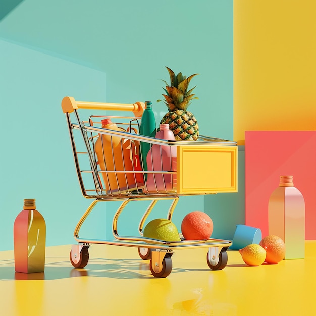 3d rendered photos of shopping cart vibrant colorism background online shopping theme