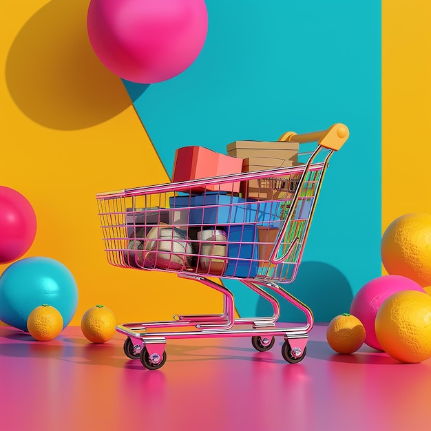 3d rendered photos of shopping cart vibrant colorism background online shopping theme