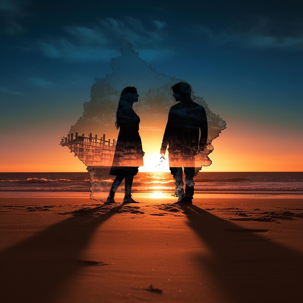 3d rendered photos of silhouette of couple at beach