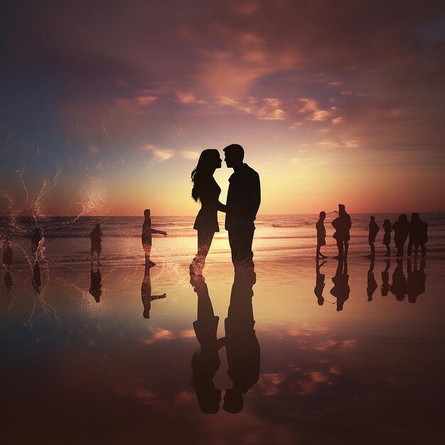 3d rendered photos of silhouette of couple at beach