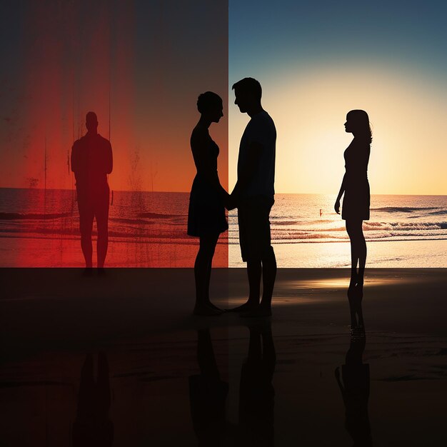 Photo 3d rendered photos of silhouette of couple at beach