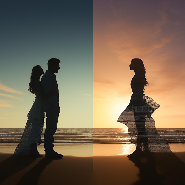 3d rendered photos of silhouette of couple at beach