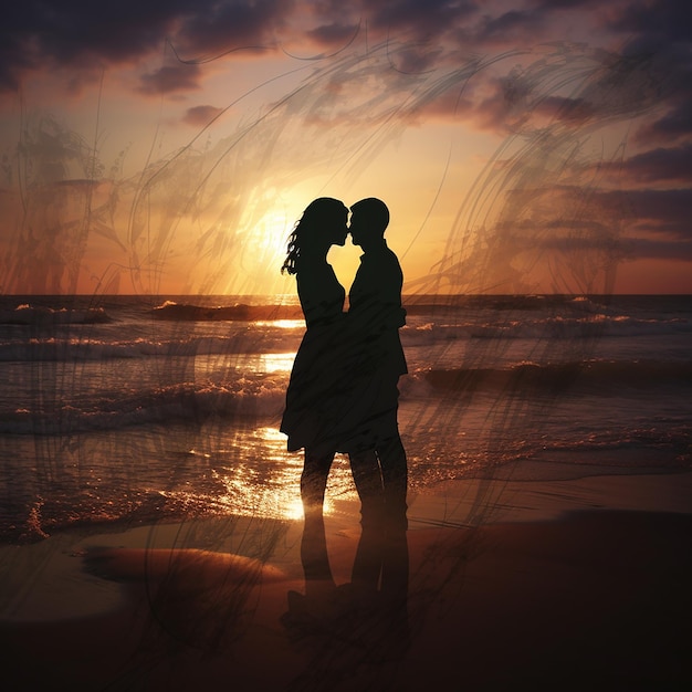 3d rendered photos of silhouette of couple at beach