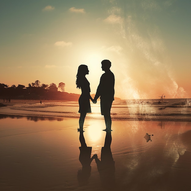 3d rendered photos of silhouette of couple at beach