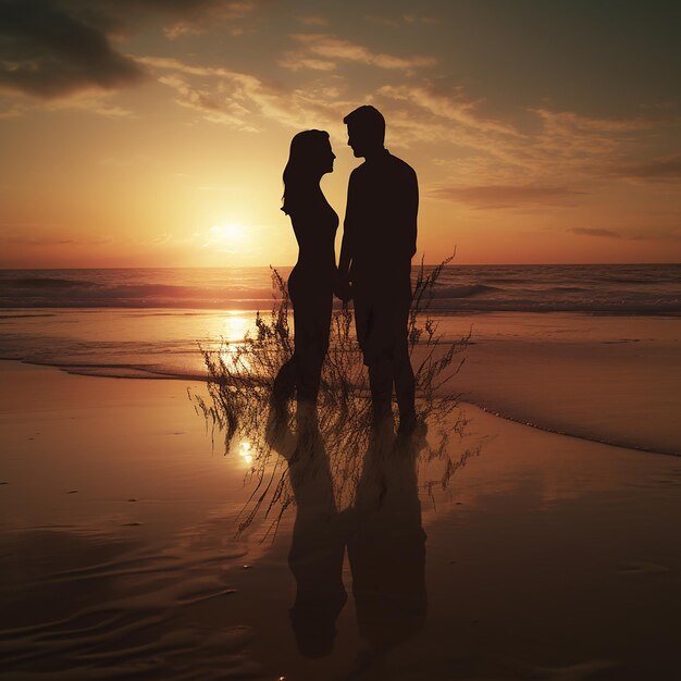 해변에서 커플의 실루의 3D 렌더링 사진