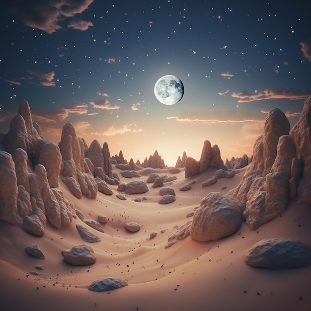 Photo 3d rendered photos of stop motion of moon and stars in dusk