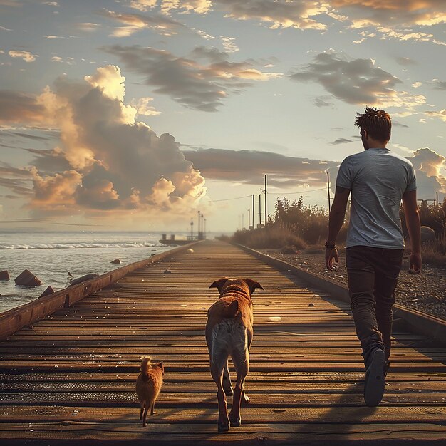Foto foto 3d di un giovane in maglietta che cammina su una passerella di legno con un cane