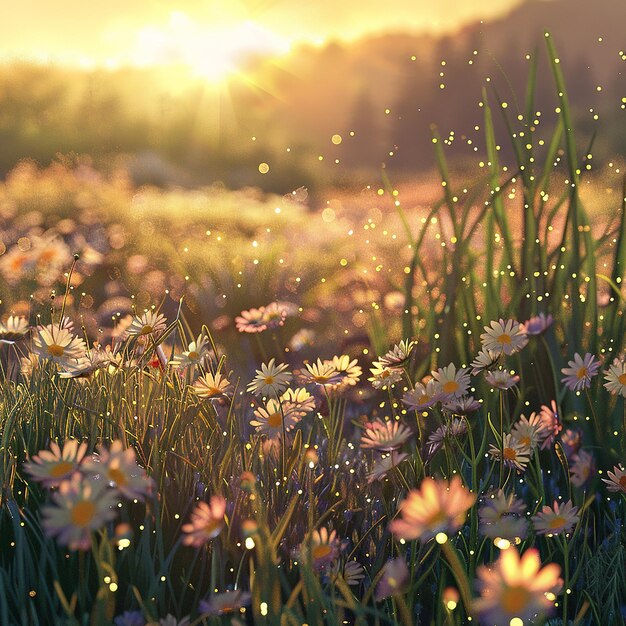 3d rendered photos of sunrise over floral filed dew reflecting the warm of sun relaxing scene