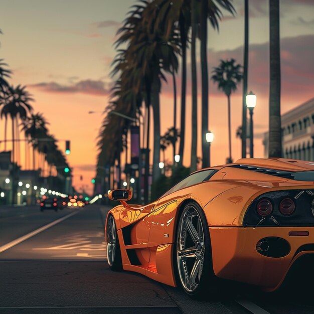 3d rendered photos of super carside angle view parked on side of road near Venice beach at dusk