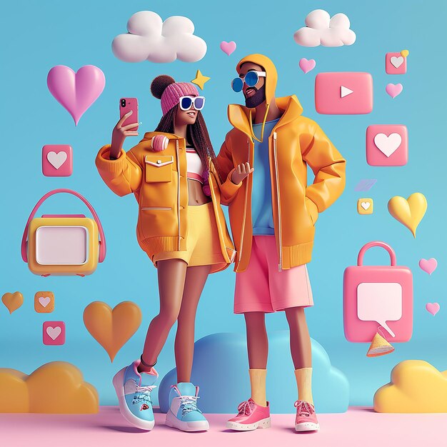 Photo 3d rendered photos of two influencer taking selfies surrounded by digital icons of social media