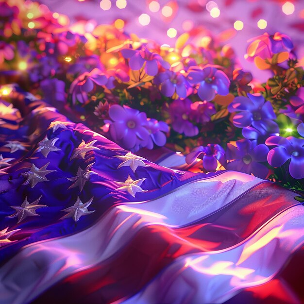 3d rendered photos of USA flag on table with USA national flower independence day social media post