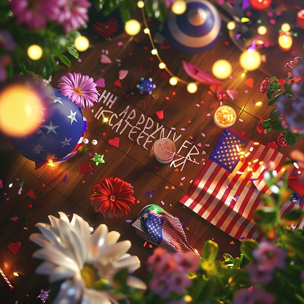 3d rendered photos of USA flag on table with USA national flower independence day social media post