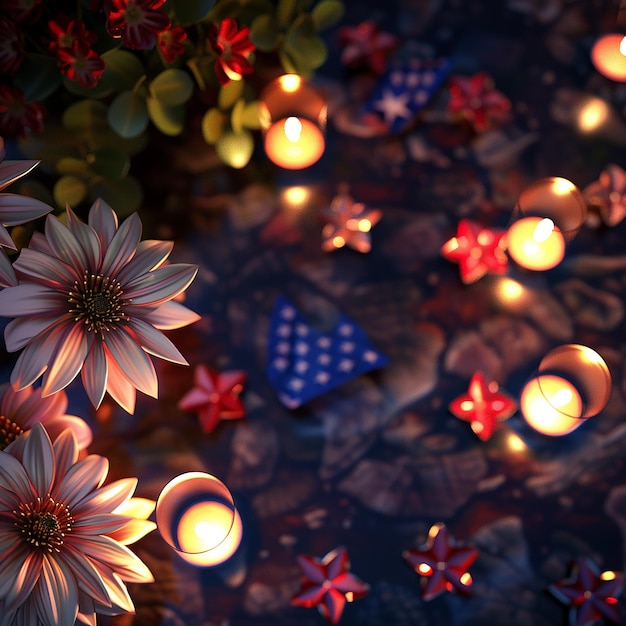 3d rendered photos of USA flag on table with USA national flower independence day social media post