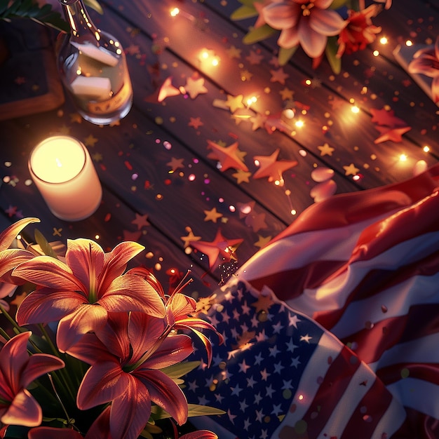 3d rendered photos of USA flag on table with USA national flower independence day social media post