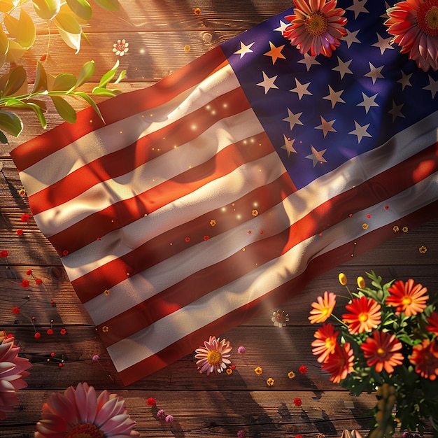 3d rendered photos of USA flag on table with USA national flower independence day social media post