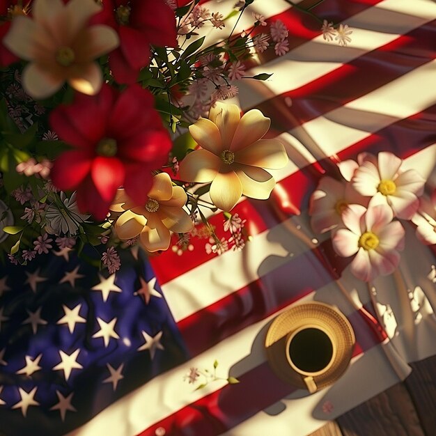 Photo 3d rendered photos of usa flag on table with usa national flower independence day social media post