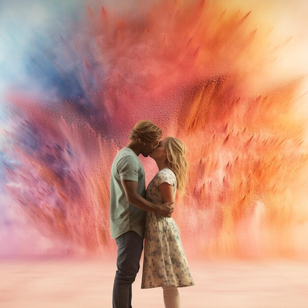 Photo 3d rendered photos of young couple in front of storm of colors in background