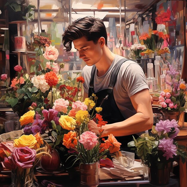 Photo 3d rendered photos of young man working in colorful flower shop