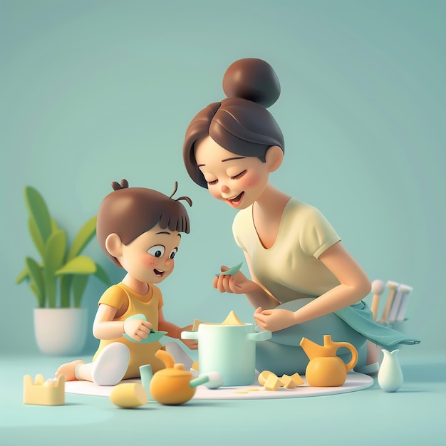 3D-рендеринговые фотографии молодой матери, обучающей основным основным этикетам игры