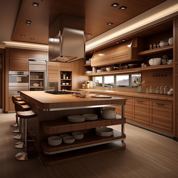 3D изображение роскошного дизайна интерьера кухни на абстрактном фоне