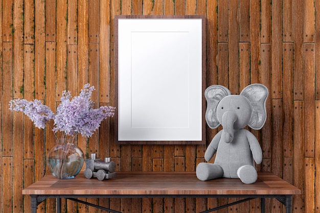 3d rendered picture frame mockup with stuffed toy animal and flower vase