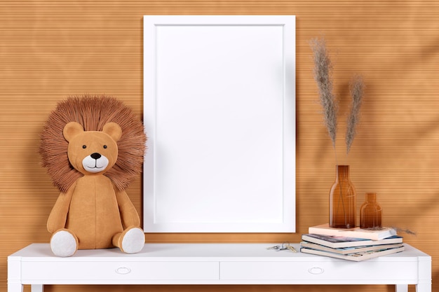 3d rendered picture frame mockup with stuffed toy animal