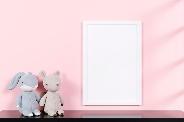 3d rendered picture frame mockup with stuffed toy animals