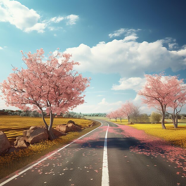 3d rendered pictures of spring season along road