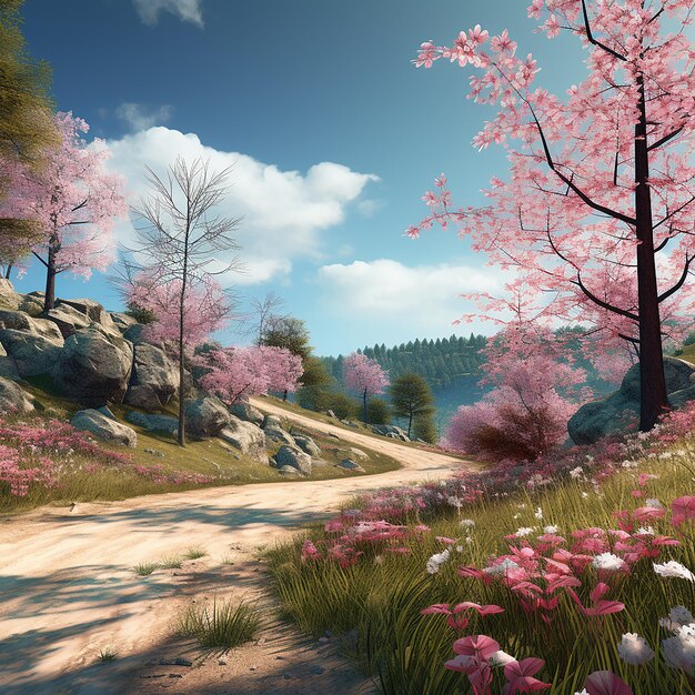 3d rendered pictures of spring season along road