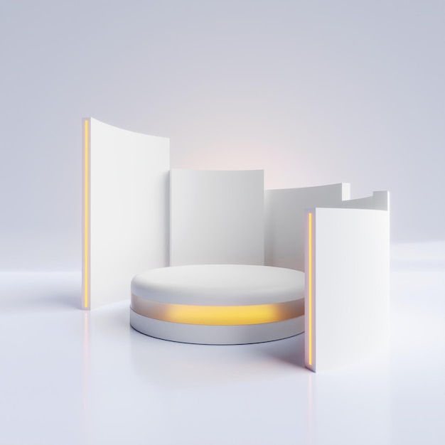 Photo 3d rendered of podium or pedestal with glowing light in white for product display