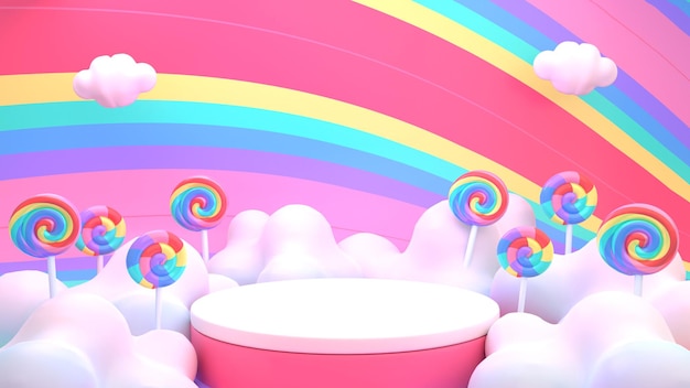 3d rendered podium with rainbow lollipops