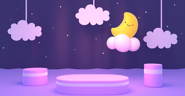 Podio reso 3d con luna addormentata e nuvole di carta appese