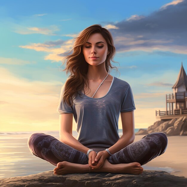 Photo 3d rendered portrait of a beautiful girl practicing yoga on the beach in nature