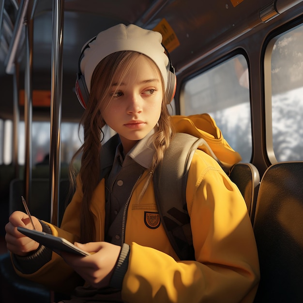 Фото 3d-портрет молодой девушки в школьном автобусе