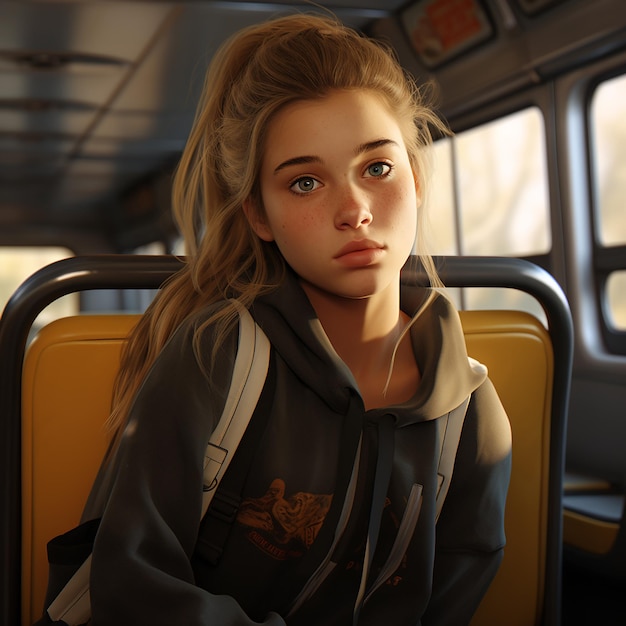 3d rendered portrait of a young girl in school bus