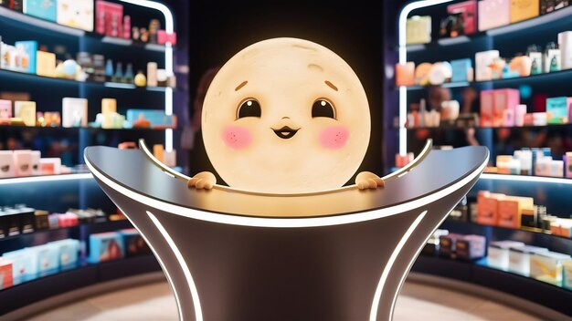 3d rendered product display podium and cute smiling moon
