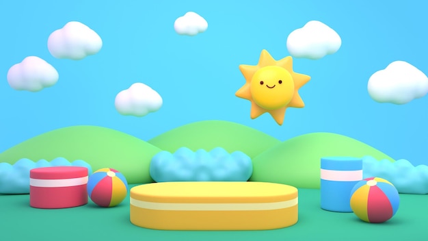 3d rendered product display podiums with cute sun and toy balls