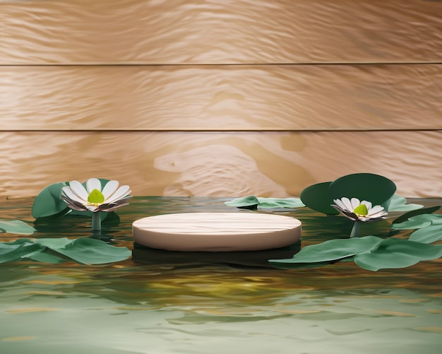 3d rendered product podium base display on water and lotus and wood scene