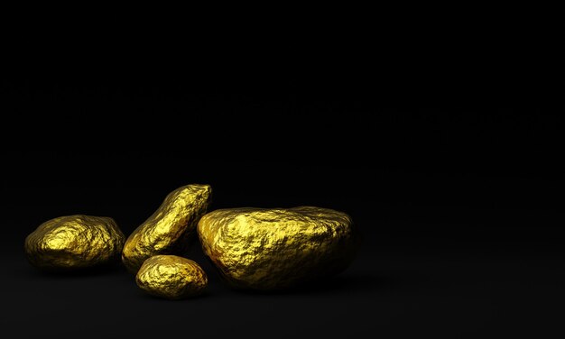 3D rendered  pure gold nuggets on black background