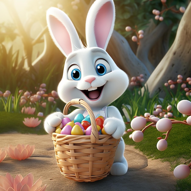 Foto illustrazione realistica in 3d di un carino coniglietto bianco di pasqua che tiene un cesto di uova di pasqua