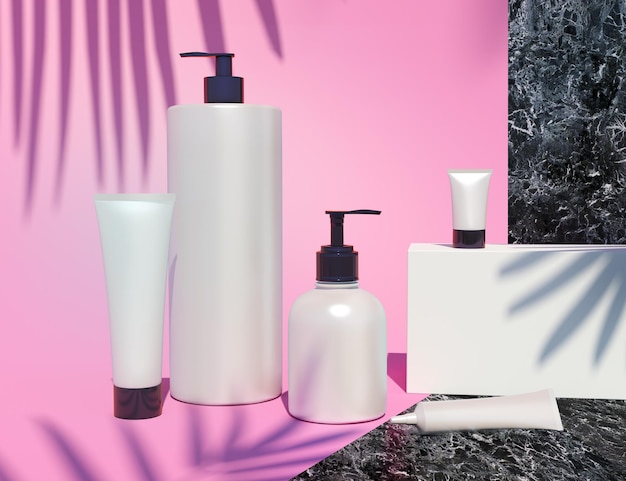 3d rendered realistic mockup of cosmetic products Palm leaves shadows Skin or hair care Show case