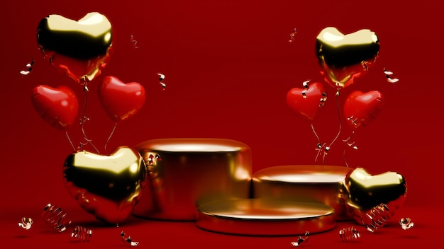 Foto podio a tema san valentino rosso e oro reso in 3d con coriandoli e palloncini d'amore