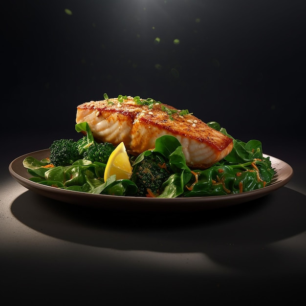 3d rendered Savory Delight White Fish Fillet Steak with Greens