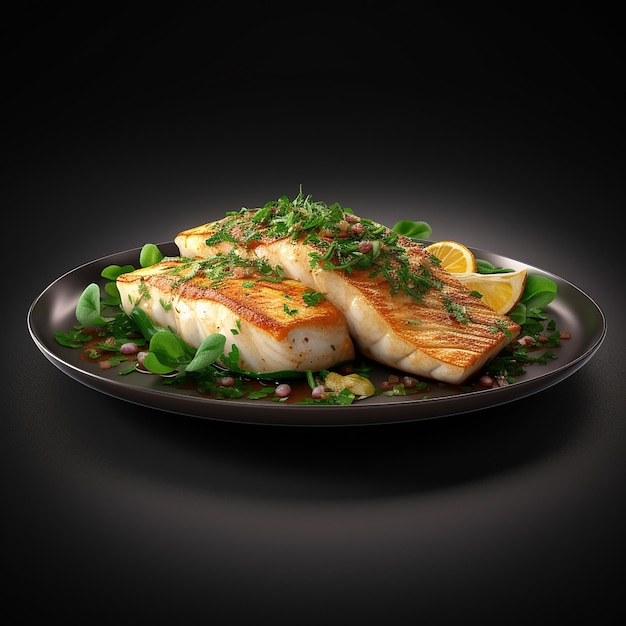 3D 렌더링 된 Savory Delight White Fish Filet 스테이크와 초록색